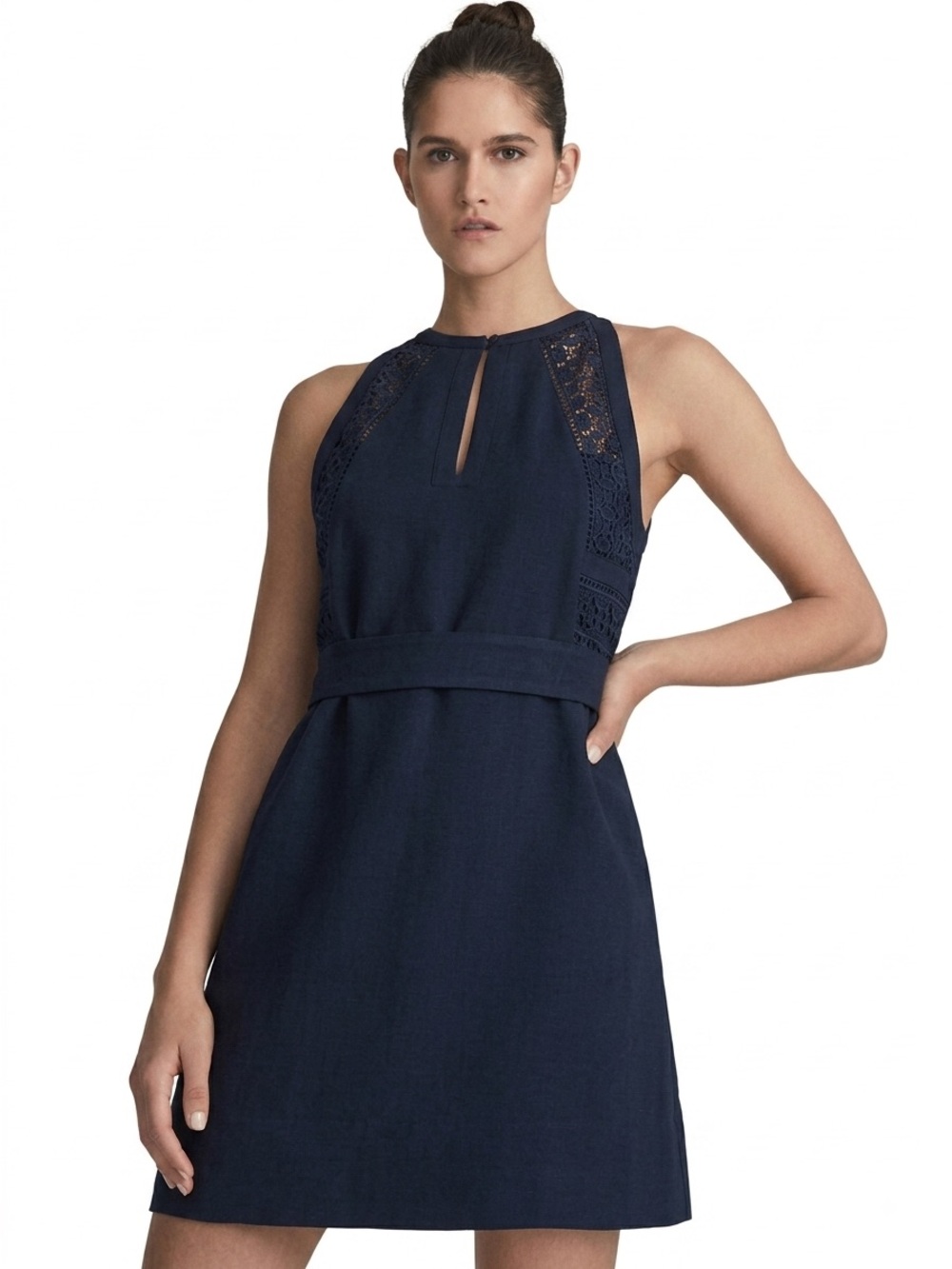 Reiss Linen Rhona Embroidered Crochet Pockets 10 Mini Dress Flare Crew Blue Top